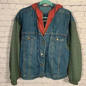 Mixed Blues Mens VTG Y2K Color-Block Denim Jacket Hooded Green Blue Sz S Grunge